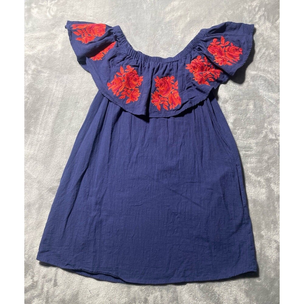 UMGEE Sz M Blue Red Embroidered Roses Off the Shoulder Mini Dress Boho Pockets